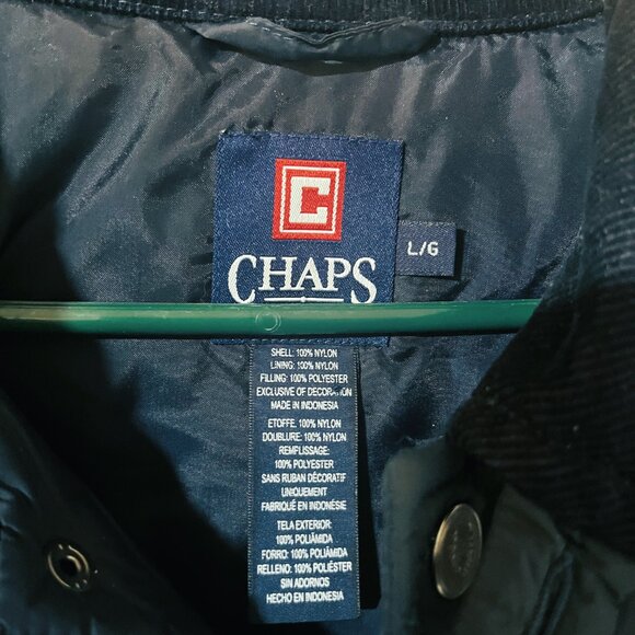 Chaps Navy Blue Quilted Puffer Jacket Snap Front and Pockets Corduroy Collar - Picture 2 of 7